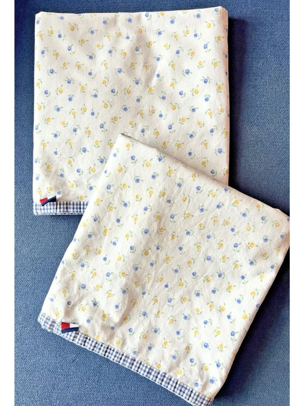 Tommy Hilfiger STANDARD Pillowcase Pair FLORAL Blue Yellow Gingham 100% Cotton